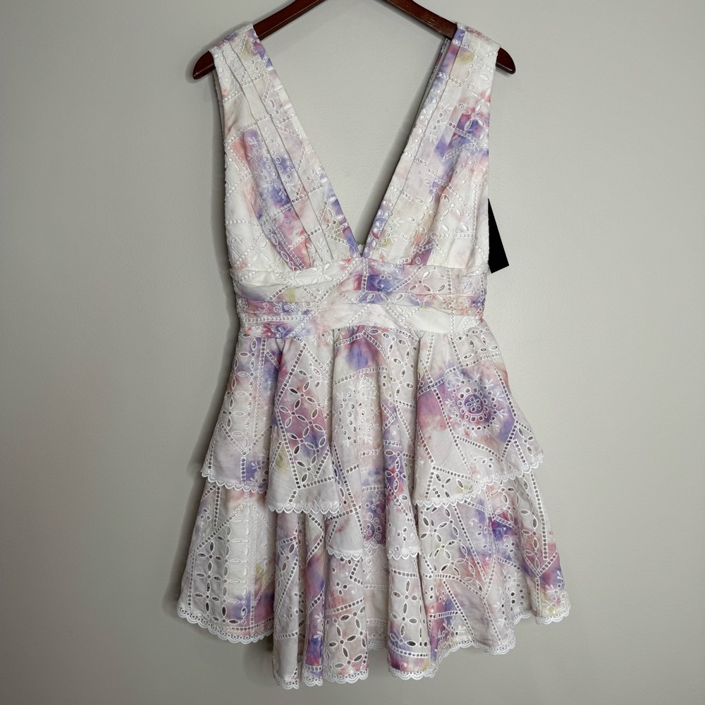 NWT Gianni Bini Christa Eyelet Tiered Pastel Mini Dress Pink Purple Size 8 - Picture 2 of 13